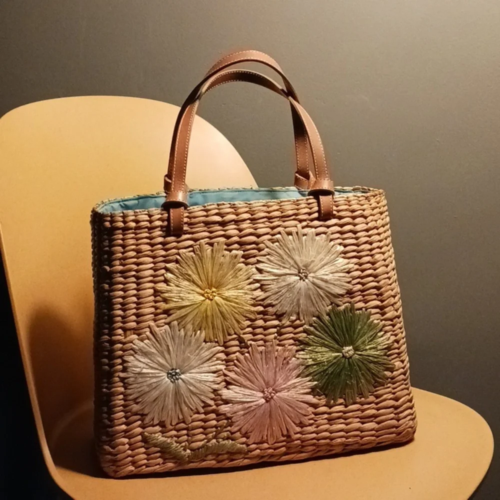 Kate Spade Vintage 90s Raffia Floral Straw Tote - Picture 1 of 13